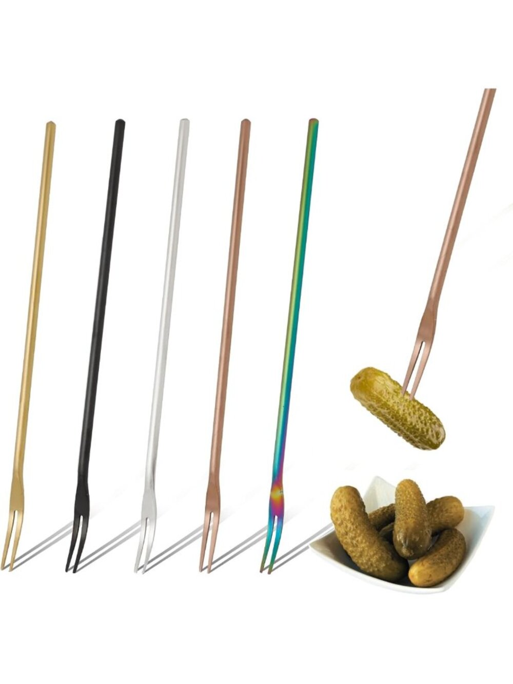 5 Pack Long Handle Stainless Steel Forks - 8.61” Pickle, Olive & Cocktail